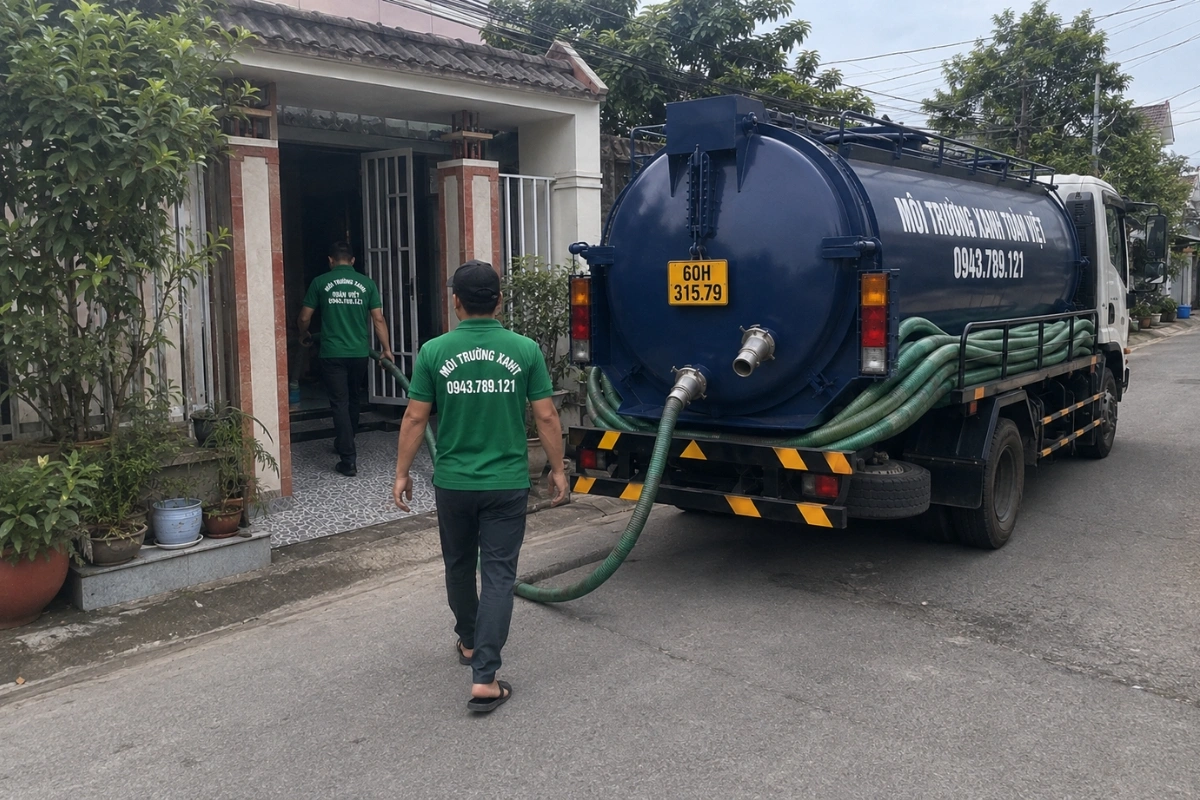 Xe hút hầm cầu Môi Trường Xanh Toàn Việt phục vụ tại nhà dân