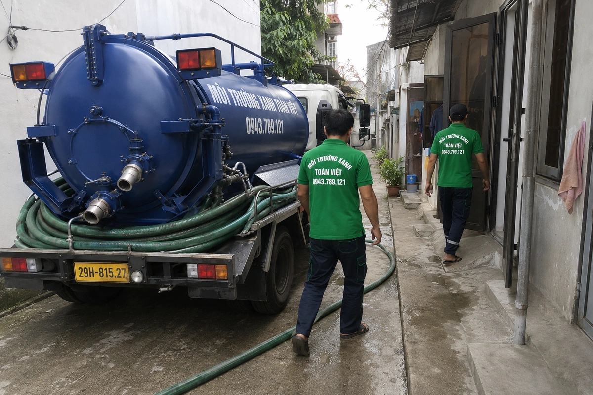 Nhân viên kỹ thuật đang vào nhà dân từ xe hút hầm cầu