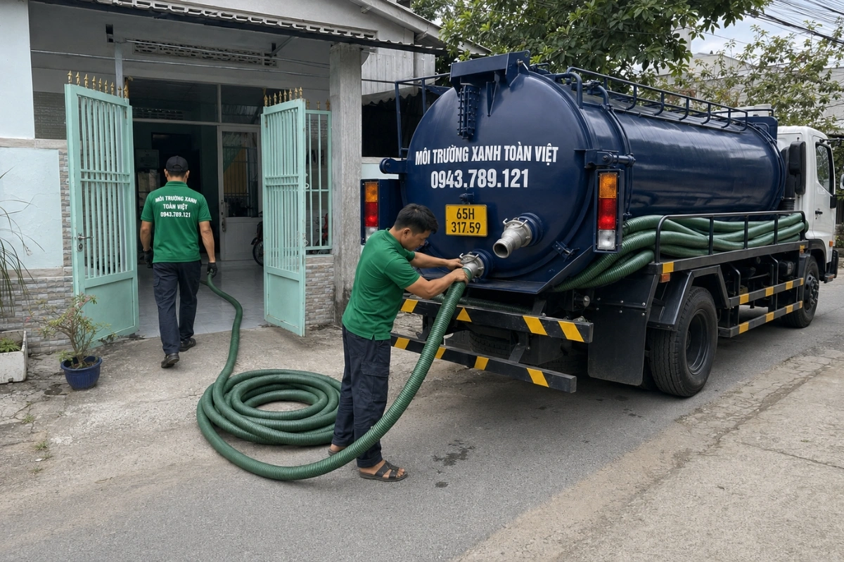 Xe hút hầm cầu màu xanh cùng đội ngũ kỹ thuật