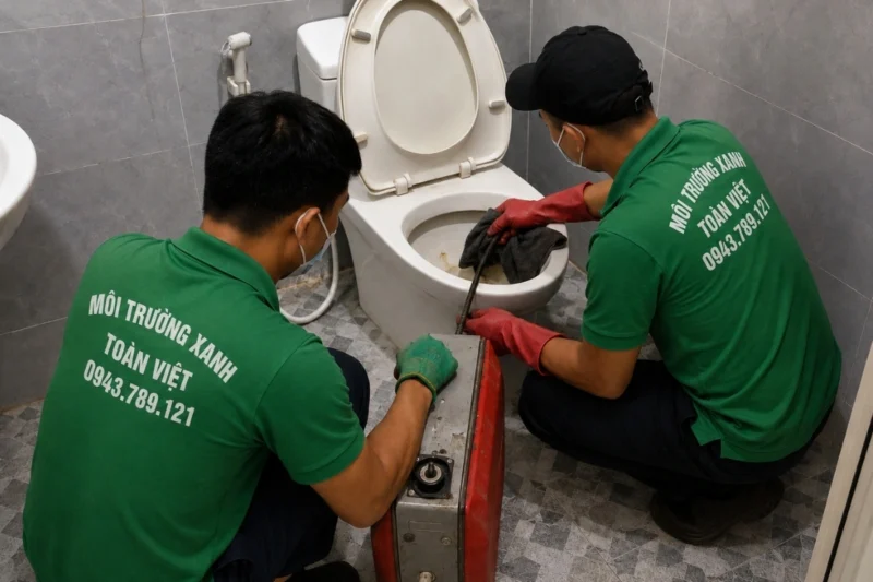 Nhân viên dùng máy lò xo làm thông bồn cầu.