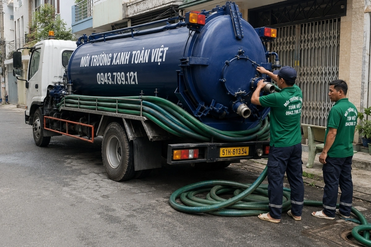 Xe hút hầm cầu màu xanh cùng đội ngũ kỹ thuật