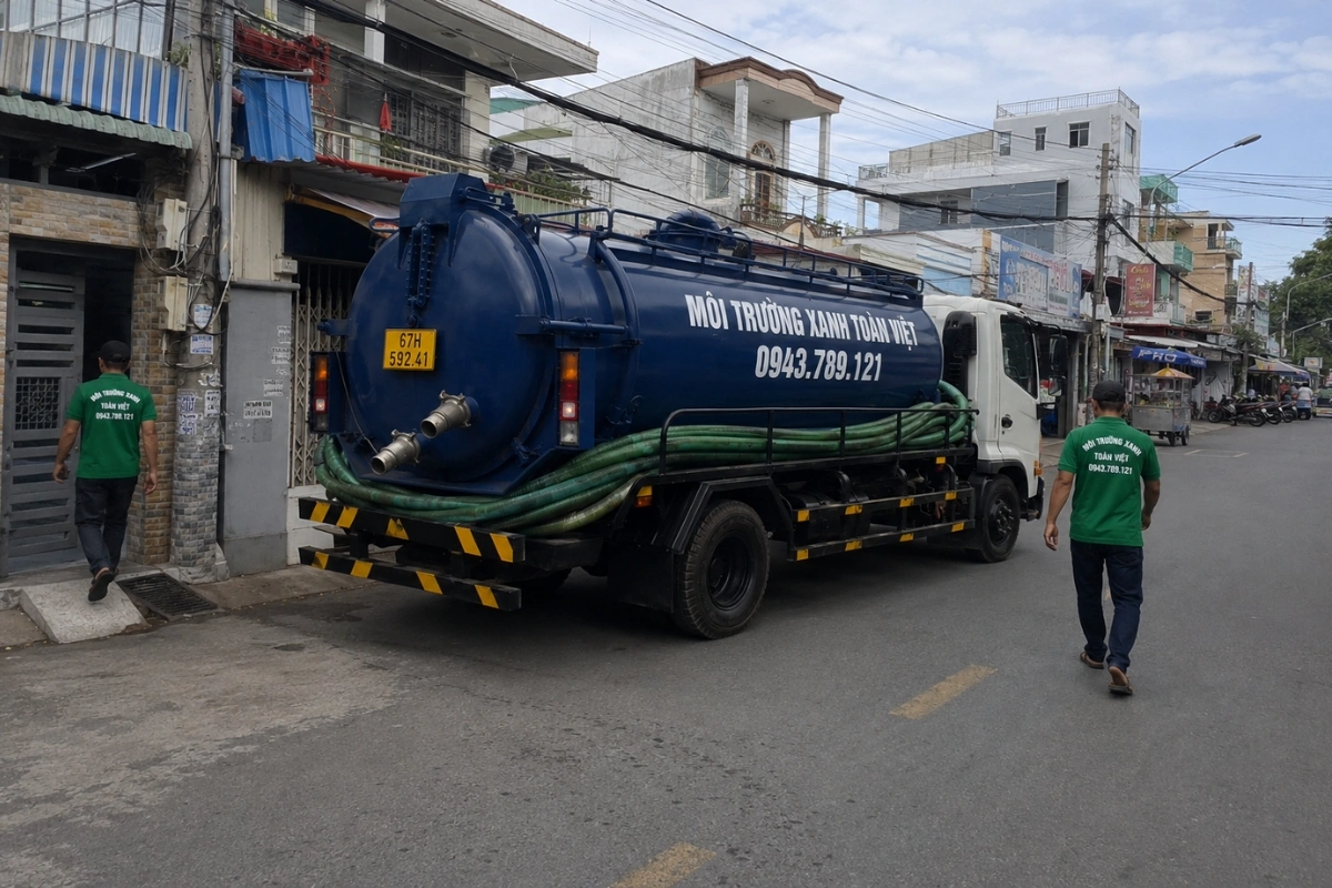 Xe bồn hút hầm cầu đậu trước nhà khách hàng