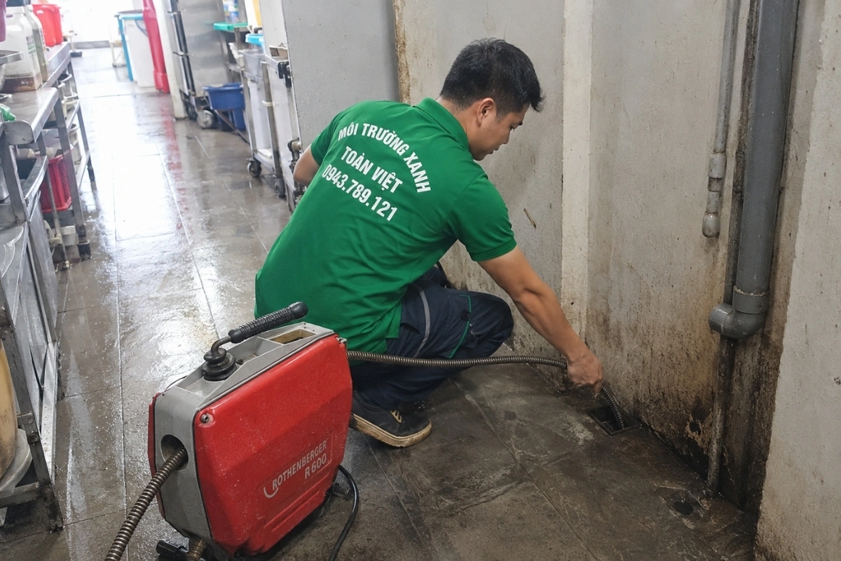 Kỹ thuật viên đang xử lý cống thoát nước bằng máy móc hiện đại.