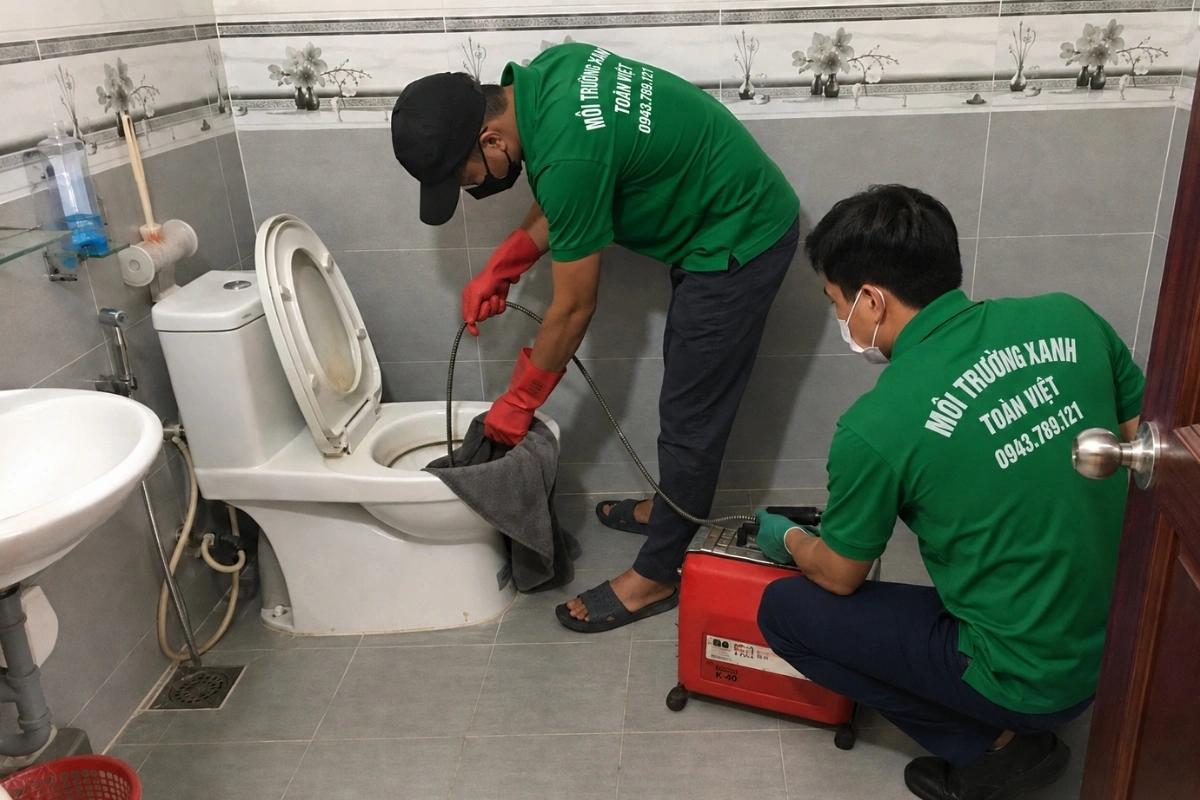 Nhân viên đang thi công xử lý bồn cầu tắc nghẽn.