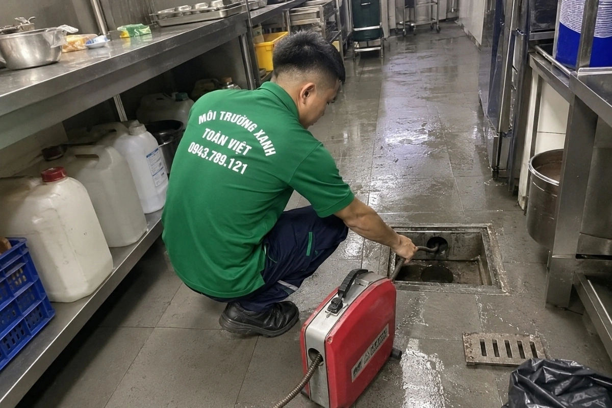 Nhân viên đang thi công sửa chữa đường ống thoát nước.
