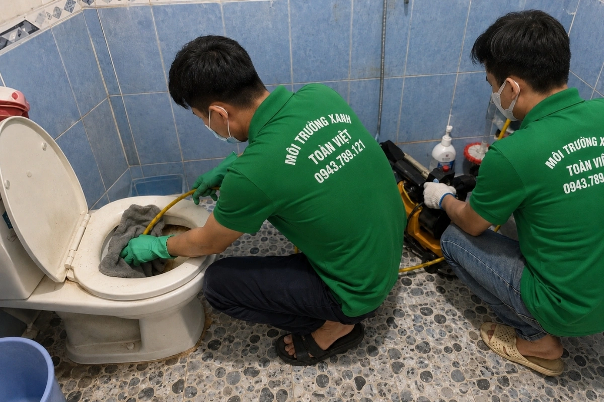 Kỹ thuật viên xử lý vật cản trong đường ống bồn cầu.