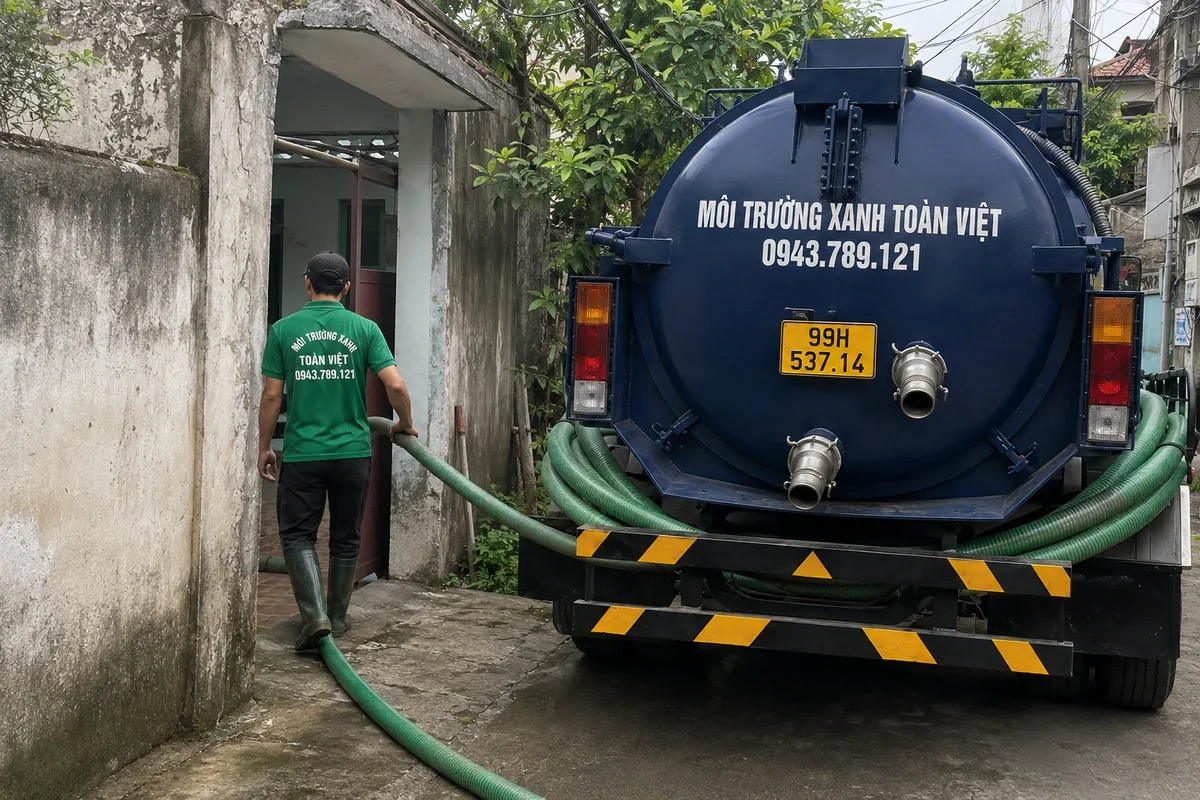 Nhân viên kỹ thuật và xe hút chất thải tại nhà dân