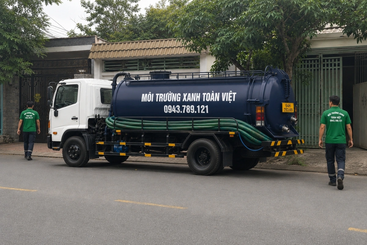 Hút Hầm Cầu Bình Tân Vĩnh Long 24/7, Xe Tới Tân Quới 9 Đội ngũ hút hầm cầu Môi Trường Xanh Toàn Việt đang làm việc