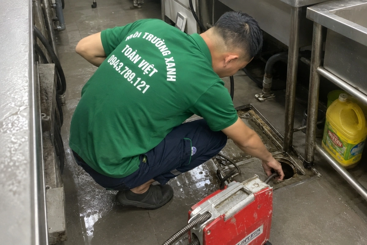 Đội ngũ kỹ thuật đang thực hiện công việc thông cống.