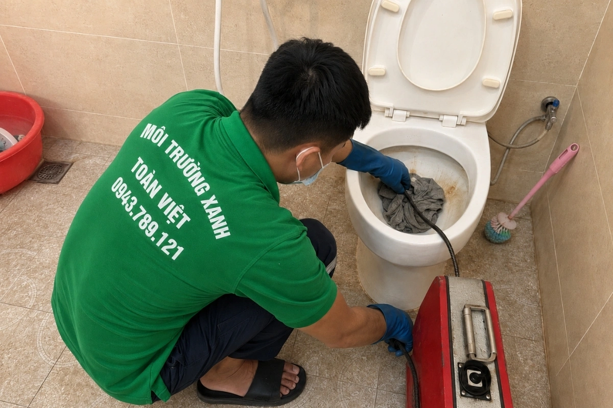 Thông Bồn Cầu Tân Trụ 24h, Bồn Cầu Hôi Xử Lý Dứt Điểm 11 Nhân viên dùng thiết bị thông tắc xử lý bồn cầu tại nhà.