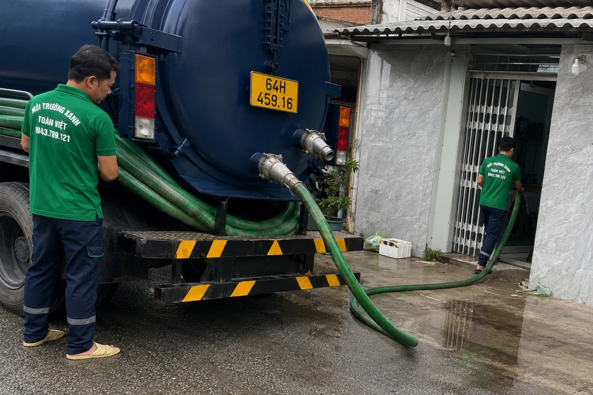 Nhân viên và xe hút hầm cầu chuyên dụng trước nhà khách hàng