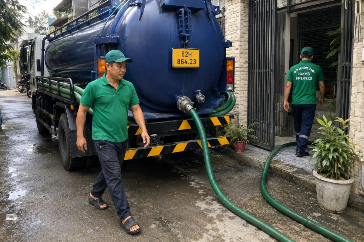 Xe bồn hút hầm cầu phục vụ tại tuyến đường dân cư