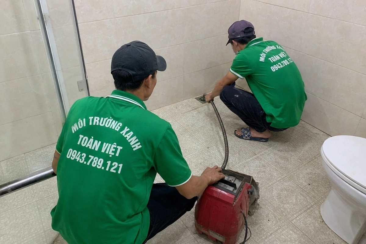 Nhân viên đang xử lý cống bị nghẹt do cặn bẩn tích tụ.