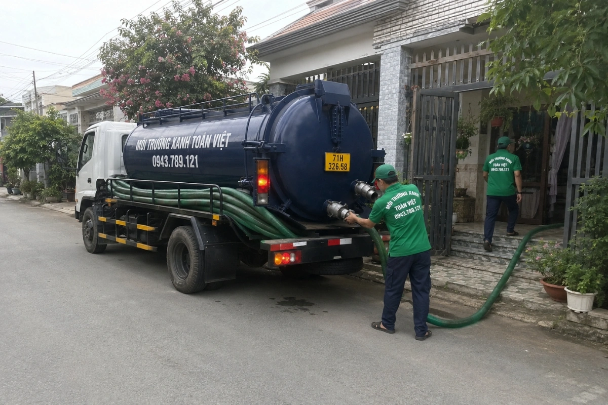 Hút Hầm Cầu Mỏ Cày Nam 24/7, Hầm Hôi Gọi Là Có Xe 12 Nhân viên triển khai dịch vụ hút hầm cầu tại nhà dân
