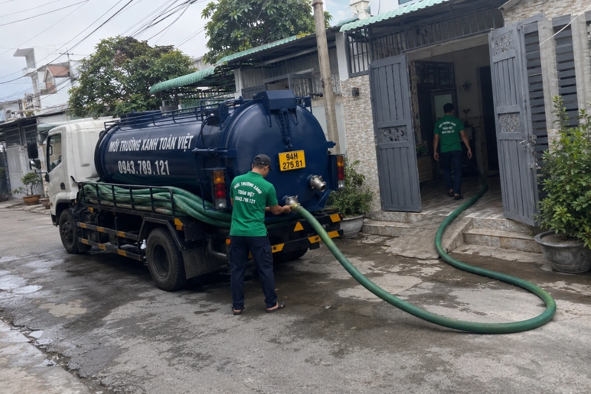 Hút Hầm Cầu Bạc Liêu 24/7 | Môi Trường Xanh Toàn Việt Uy Tín 9 Xe hút hầm cầu màu xanh cùng đội ngũ kỹ thuật