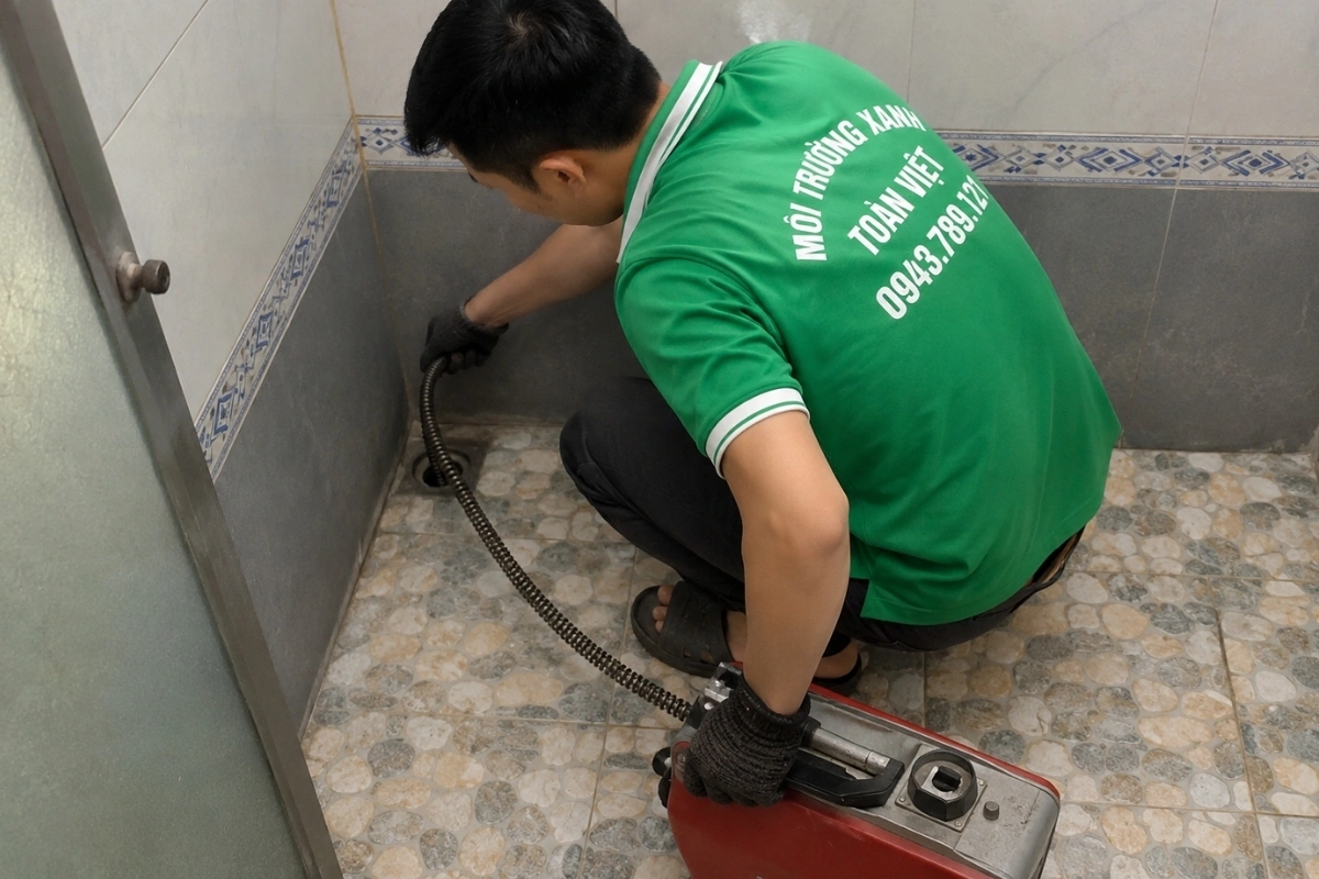 Nhân viên kỹ thuật đang xử lý tình trạng nước thoát chậm.