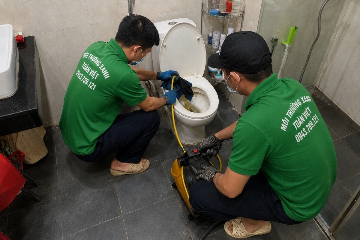 Nhân viên kỹ thuật xử lý bồn cầu bị nghẹt bằng phương pháp cơ học.