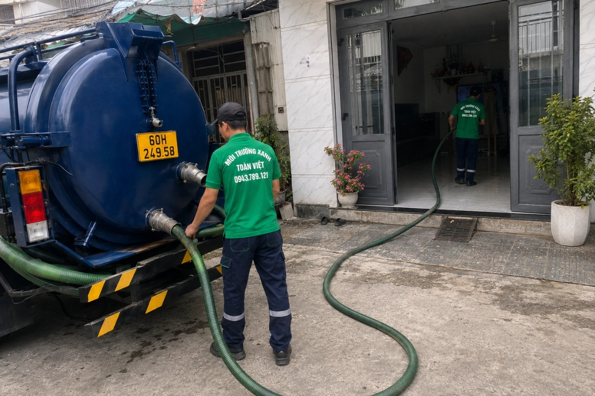 Xe hút chất thải chuyên dụng đậu bên đường dân cư