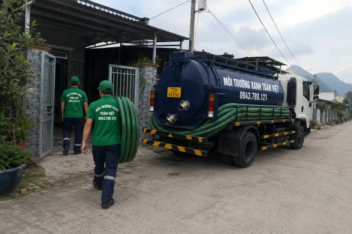 Nhân viên triển khai dịch vụ hút hầm cầu tại nhà dân