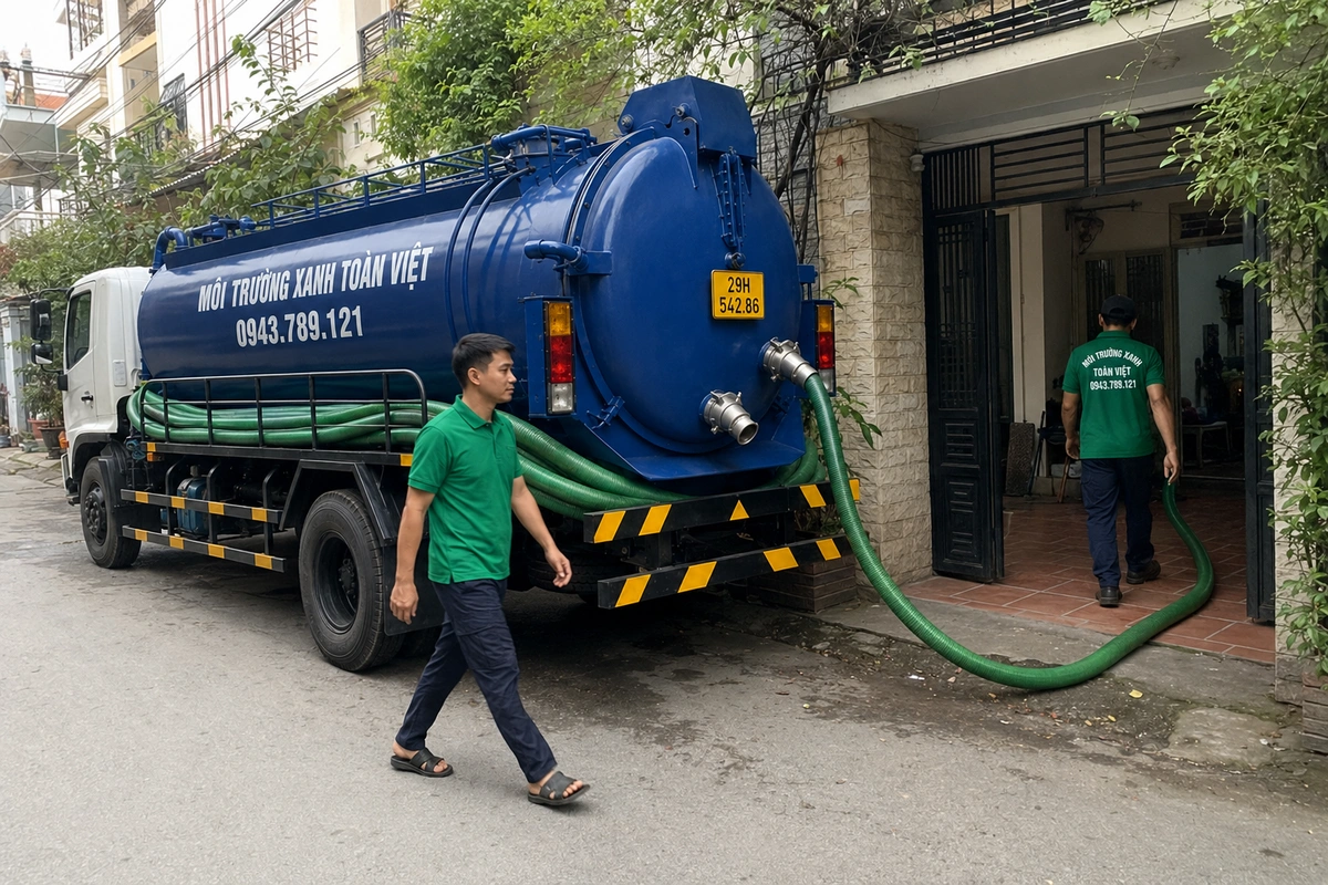 Nhân viên Môi Trường Xanh Toàn Việt bên xe hút hầm cầu