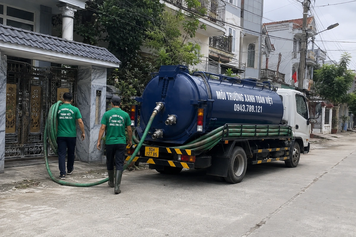 Xe hút hầm cầu cùng nhân viên đang tiếp cận cổng nhà