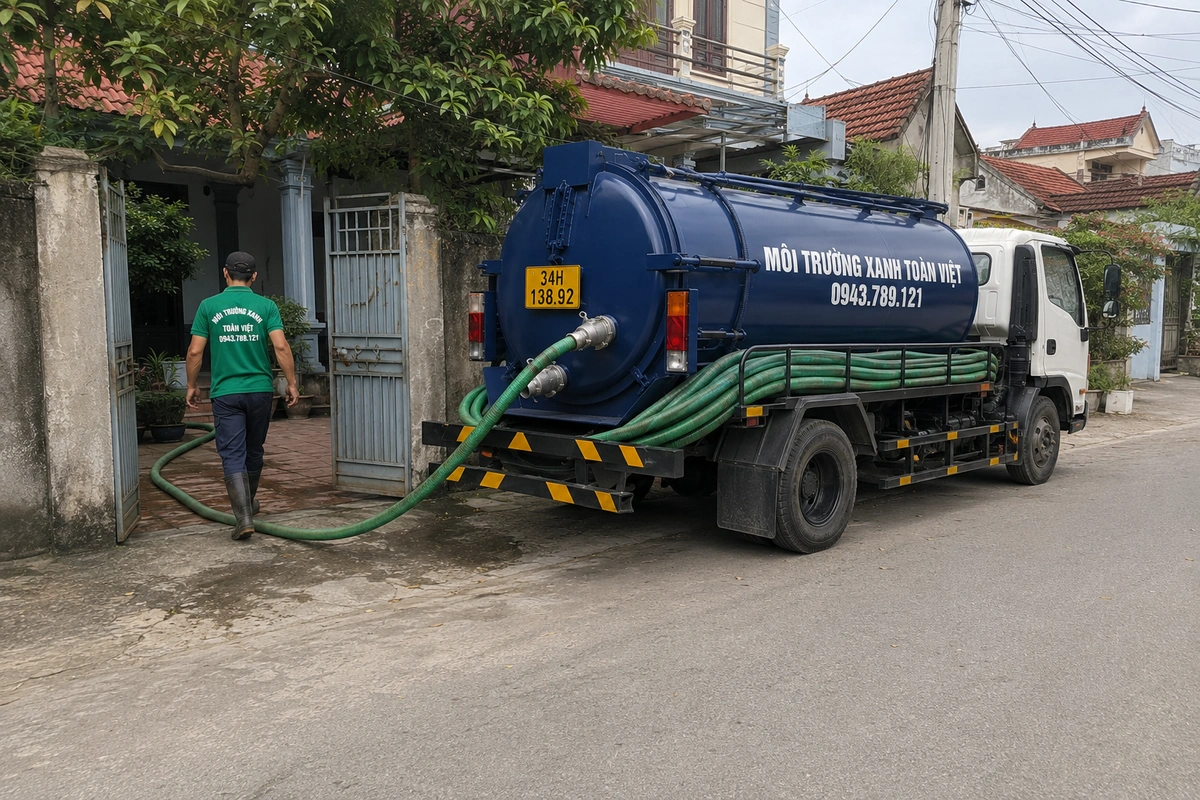 Hút Bể Phốt Tại Hải Dương | Nghiệm Thu Rõ | Xanh Toàn Việt 9 Nhân viên môi trường bên phương tiện hút hầm cầu chuyên dụng