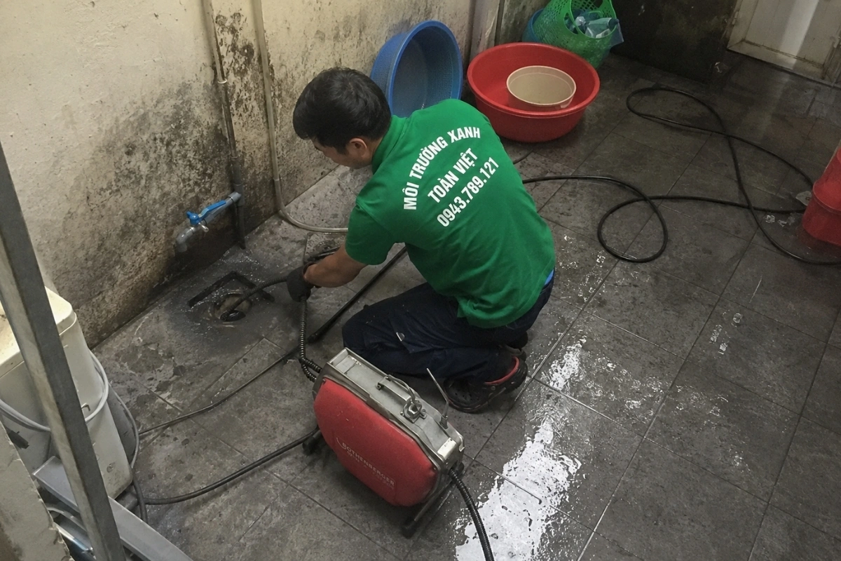 Đội ngũ kỹ thuật đang thực hiện xử lý cống thoát nước bị nghẹt.