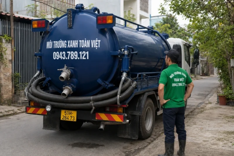 Nhân viên cạnh xe bồn Toàn Việt – thiết bị phục vụ hút hầm cầu Quận 1