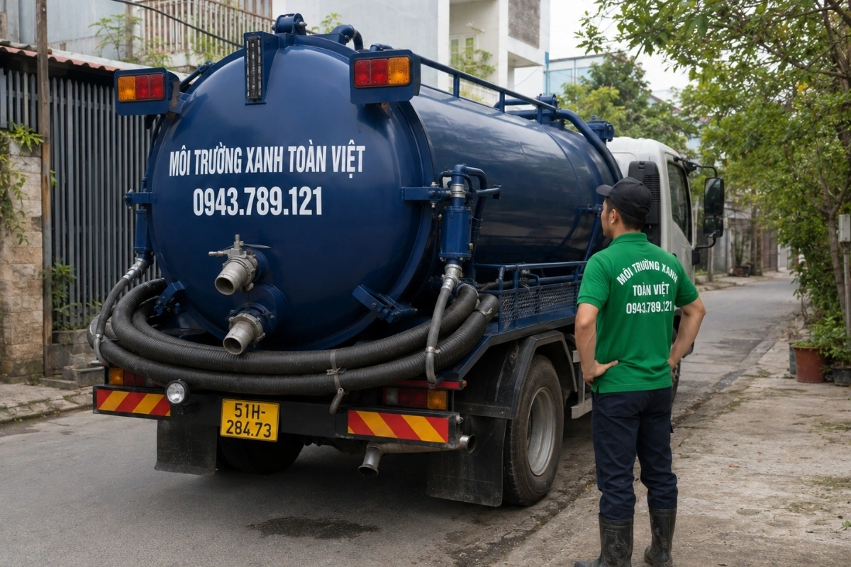 Nhân viên Môi Trường Xanh Toàn Việt đến hút hầm cầu tận nơi