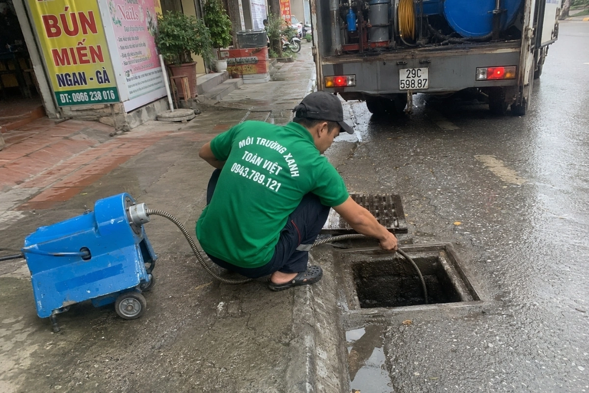 Hai nhân viên đang tiến hành thông và vệ sinh đường ống.