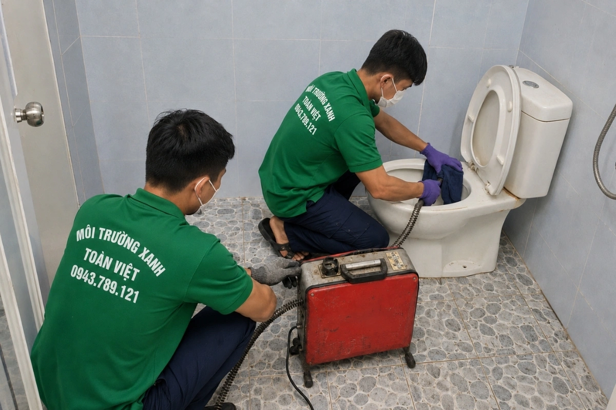 Thông Bồn Cầu Kiến Tường 24/7, Thợ Tới Tận Vùng Biên 12 Kỹ thuật viên đang vệ sinh và thông đường ống bồn cầu.