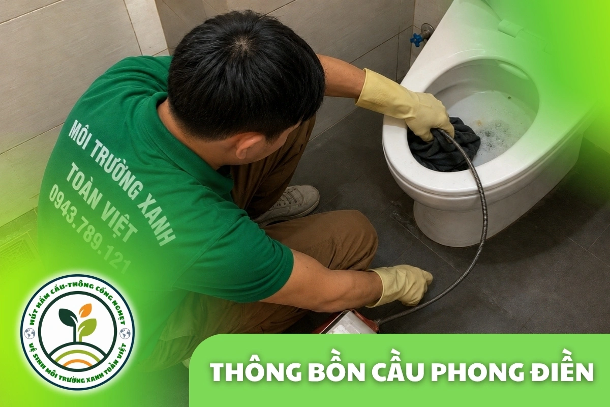 Ảnh bìa thông bồn cầu Phong Điền với nhân viên Toàn Việt giữ dây tại bồn