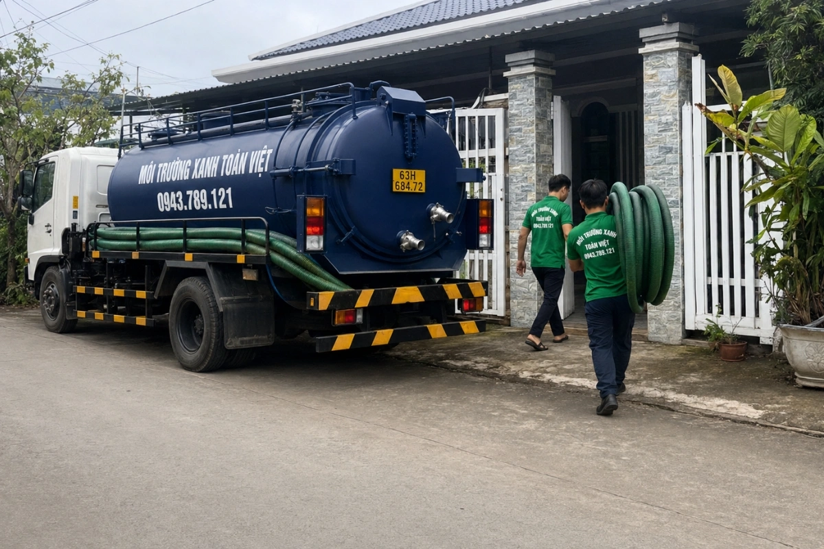 Nhân viên triển khai dịch vụ hút hầm cầu tại nhà dân