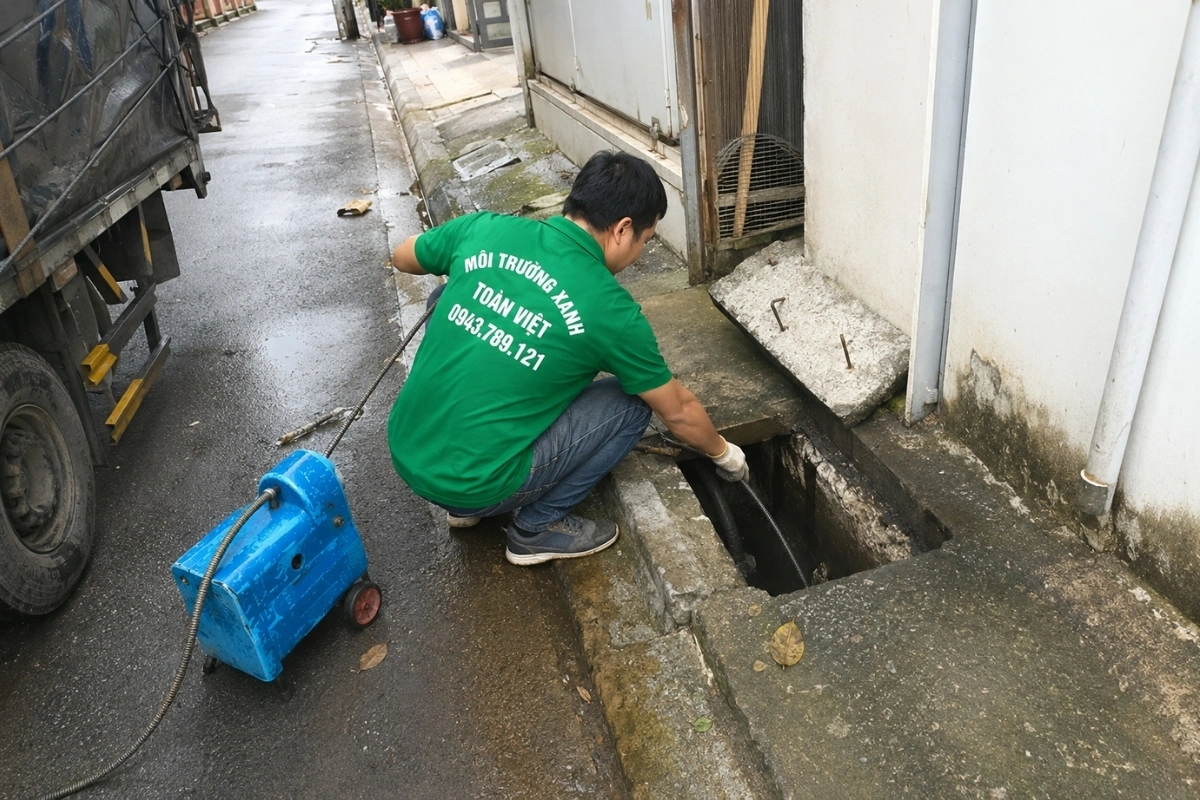 Thông Tắc Cống Lý Nhân 24/7, Đánh Tan Mỡ Cá Đông Vụ Tết 11 Nhân viên đang giải quyết tình trạng tắc đường nước thải bằng máy chuyên dụng.
