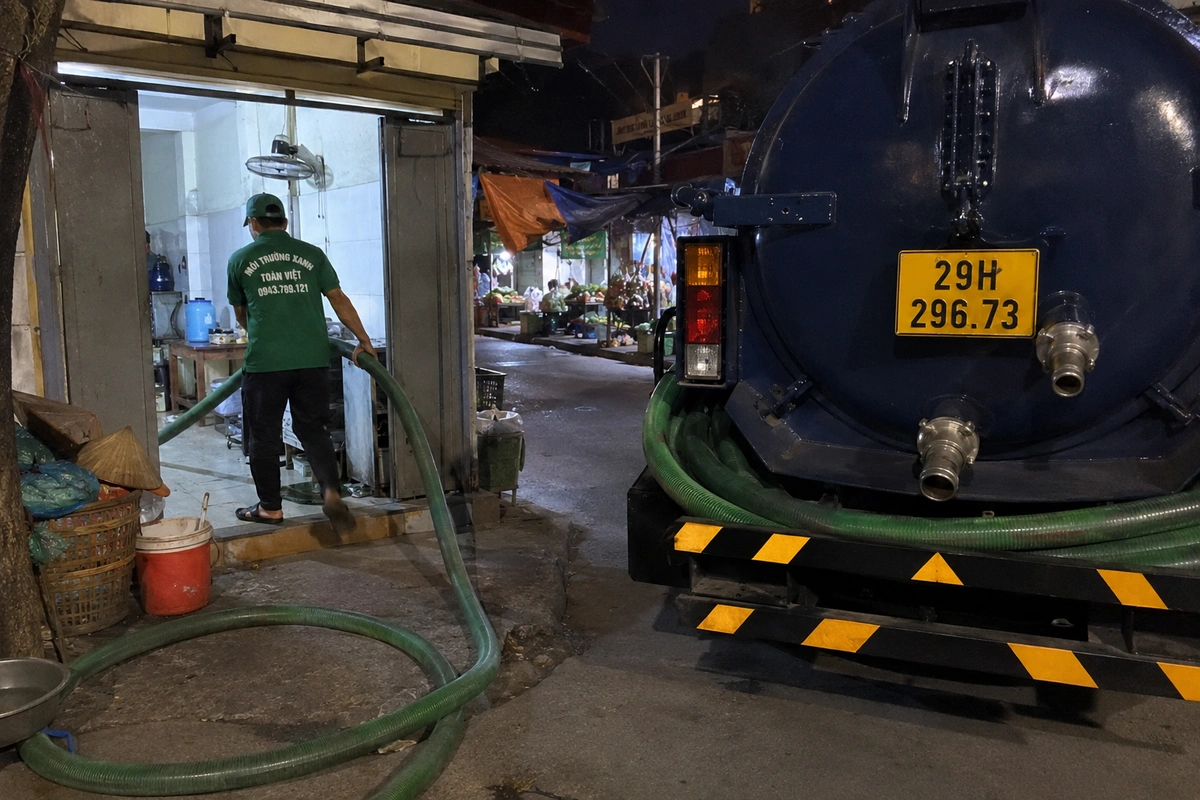 Nhân viên hút hầm cầu đứng cạnh xe bồn màu xanh