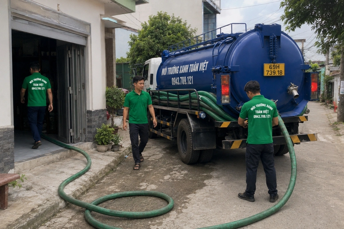 Xe bồn hút hầm cầu phục vụ tại tuyến đường dân cư