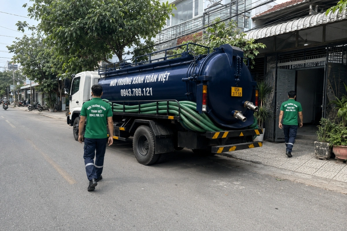 Xe bồn hút hầm cầu đậu trước nhà khách hàng