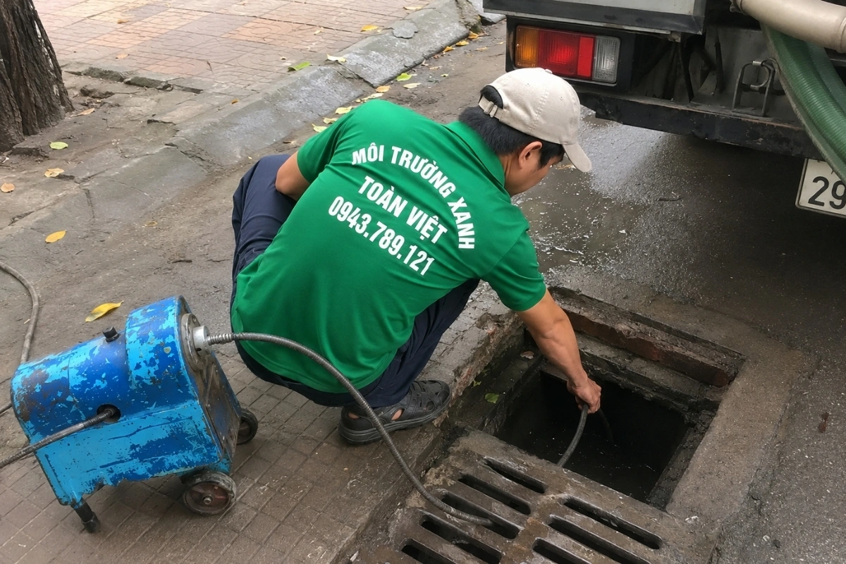 Kỹ thuật viên đang thao tác xử lý đường ống bị tắc sâu.