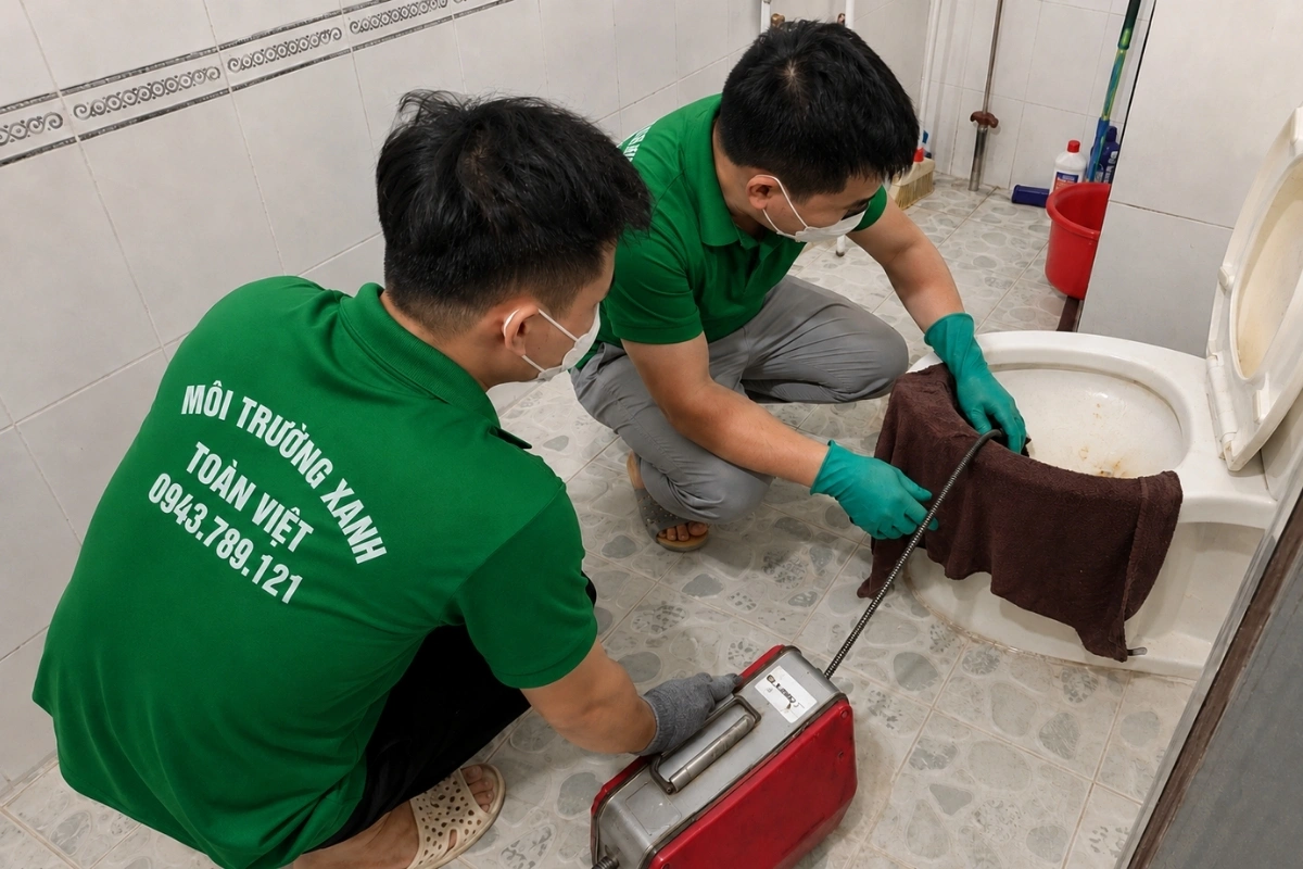 Kỹ thuật viên đang xử lý bồn cầu có dấu hiệu tắc nghẽn.