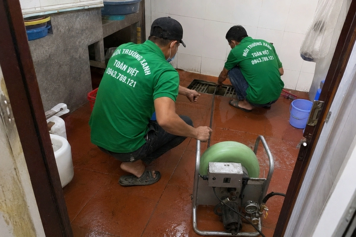 Nhân viên đang thực hiện quy trình thông cống an toàn.