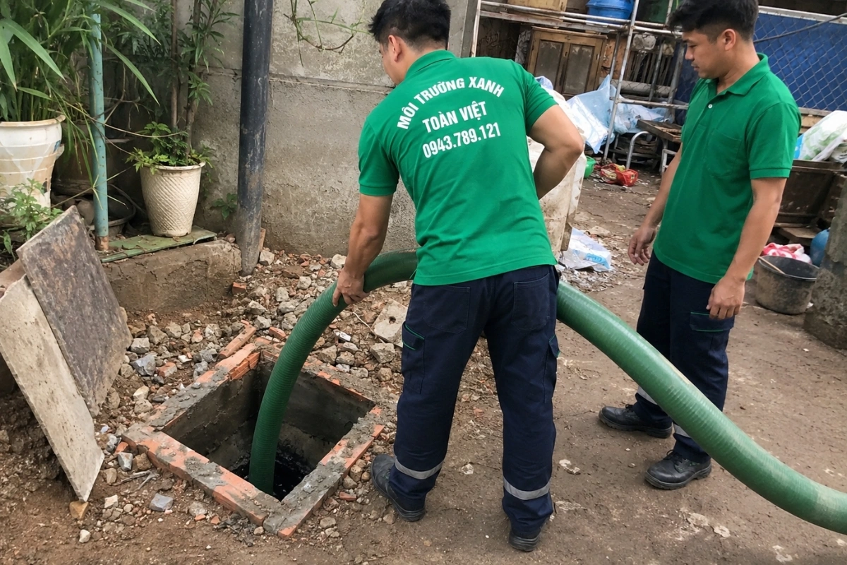 Nhân viên đang triển khai đường ống hút hầm cầu