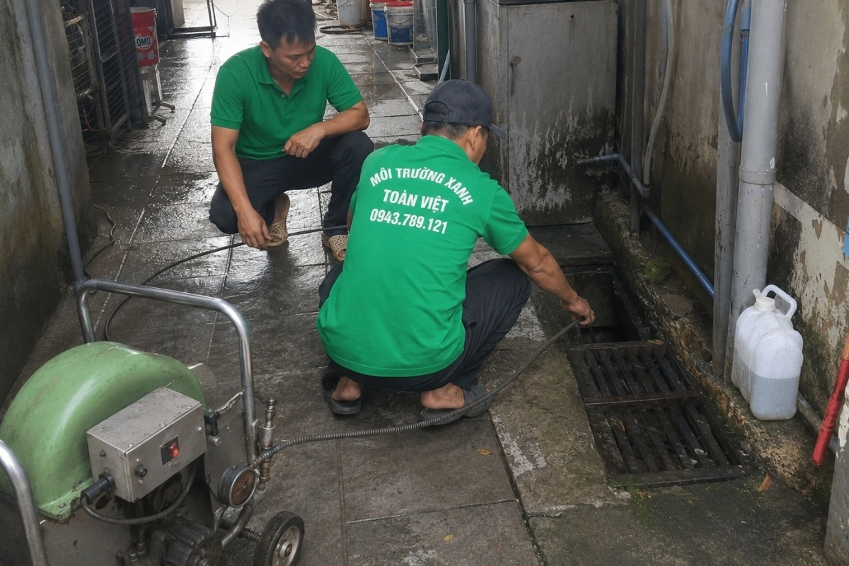 Đội kỹ thuật đang khắc phục sự cố đường ống thoát nước.