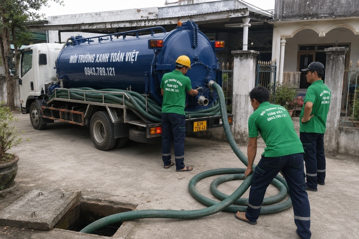Hút Hầm Cầu Dĩ An 24/7 | Nhà Trọ, Hẻm Nhỏ, Nhà Xưởng 9 Xe hút chất thải chuyên dụng đậu bên đường dân cư