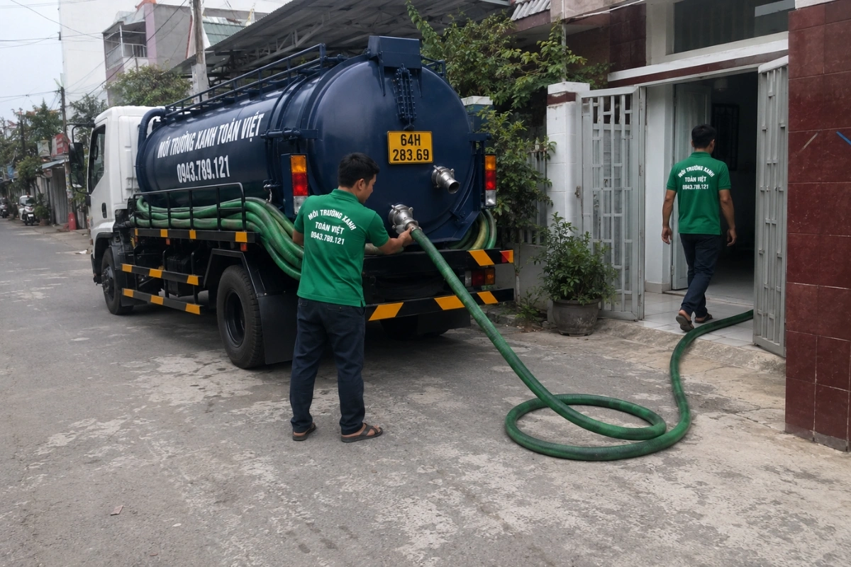 Xe bồn hút hầm cầu đậu trước nhà khách hàng