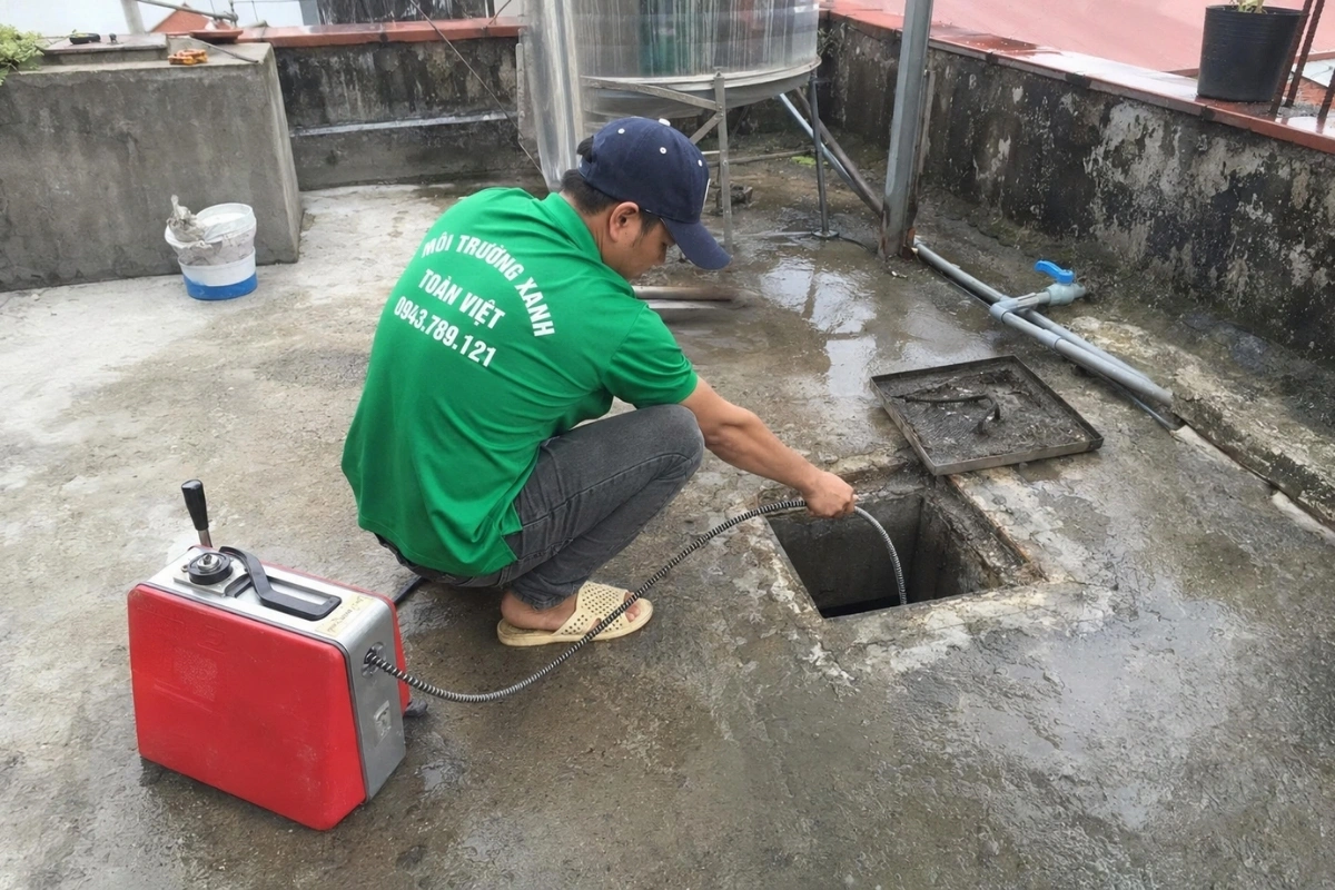 Nhân viên đang sử dụng dụng cụ để làm sạch cống