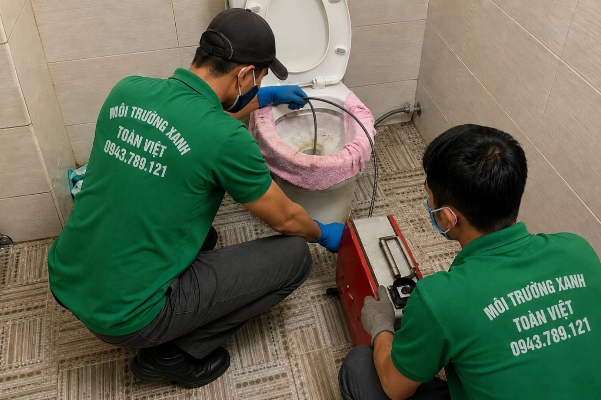 Nhân viên đang sửa tình trạng bồn cầu bị tắc.