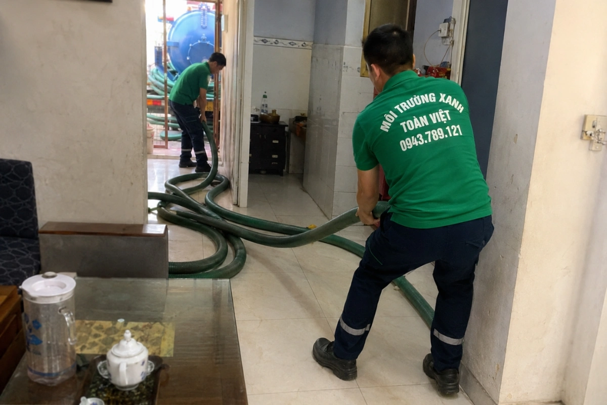 Nhân viên kéo ống hút chuyên dụng qua phòng khách