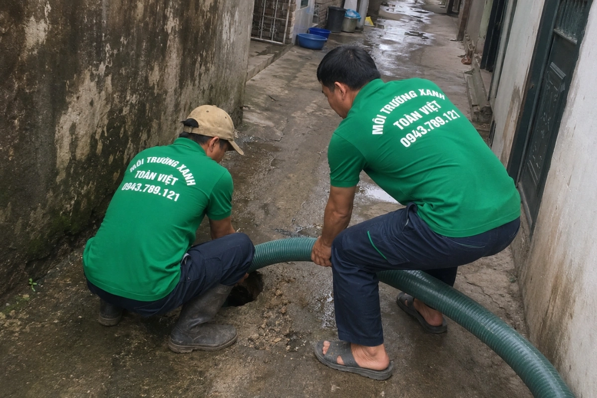 Nhân viên chuyên nghiệp thi công hút hầm cầu tại nhà