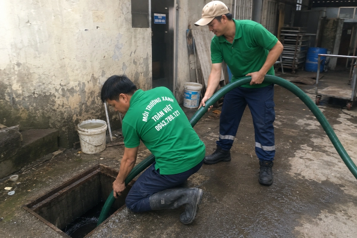 Hút Hầm Cầu Trần Đề, Giá Theo Khối, Thợ Tới Trong 30 Phút 10 Nhân viên kỹ thuật chuẩn bị hút hầm cầu cho khách hàng