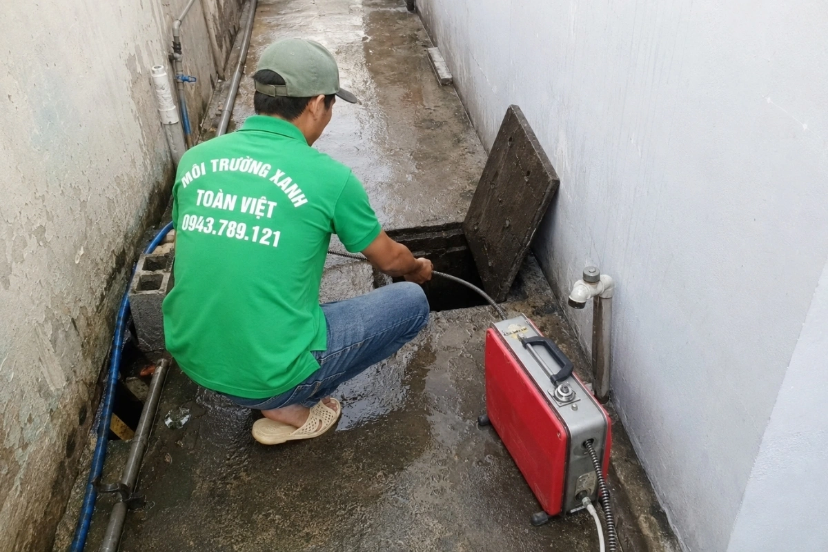 Hai kỹ thuật viên đang xử lý tắc nghẽn bằng máy lò xo.